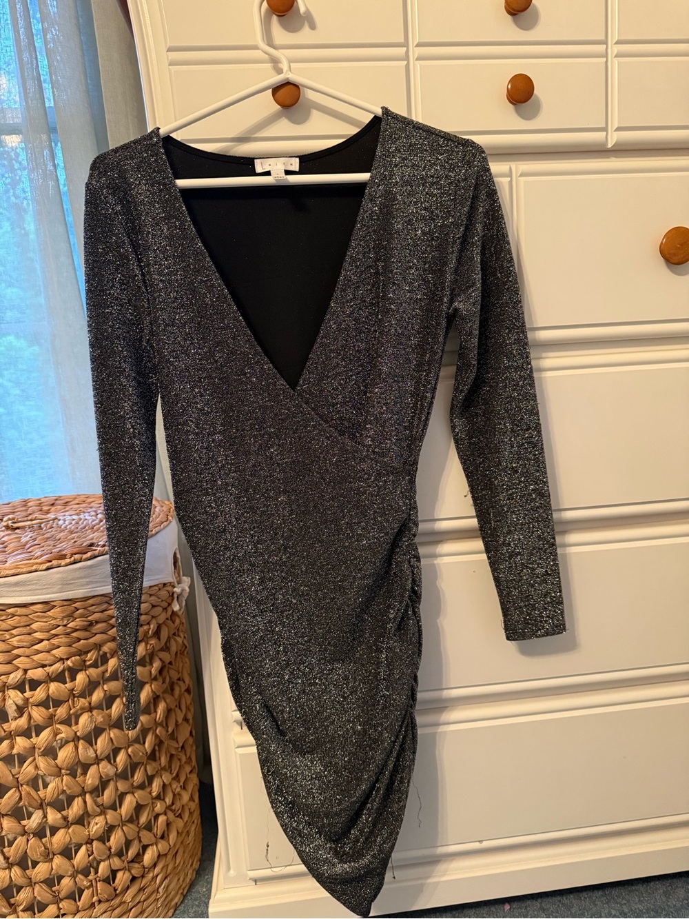 Nordstrom Shimmer Black Wrap-Style Long Sleeve Dress